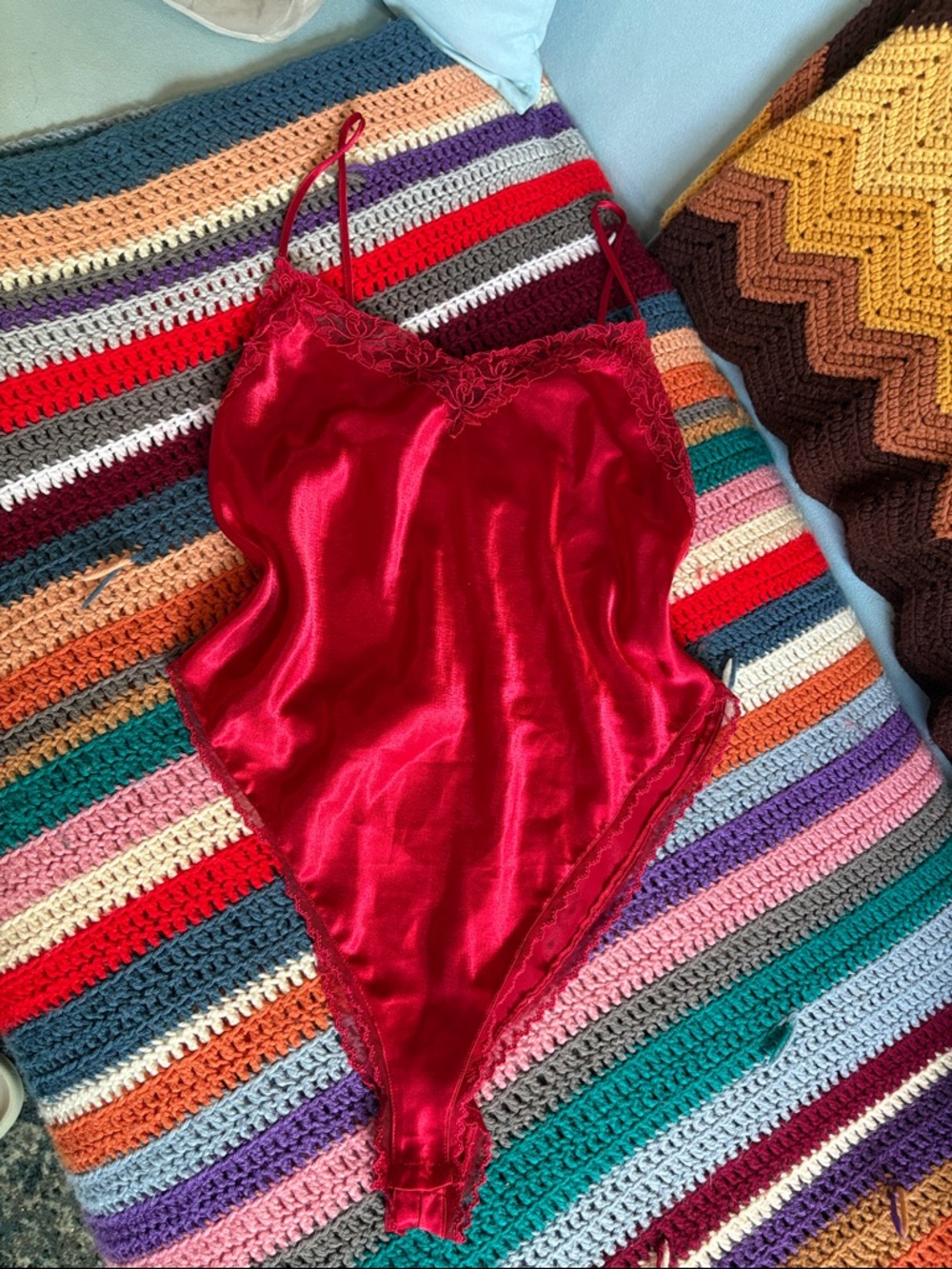 Vintage Gold Label Victoria's Secret Red Satin Lace-Trim Chemise Bodysuit